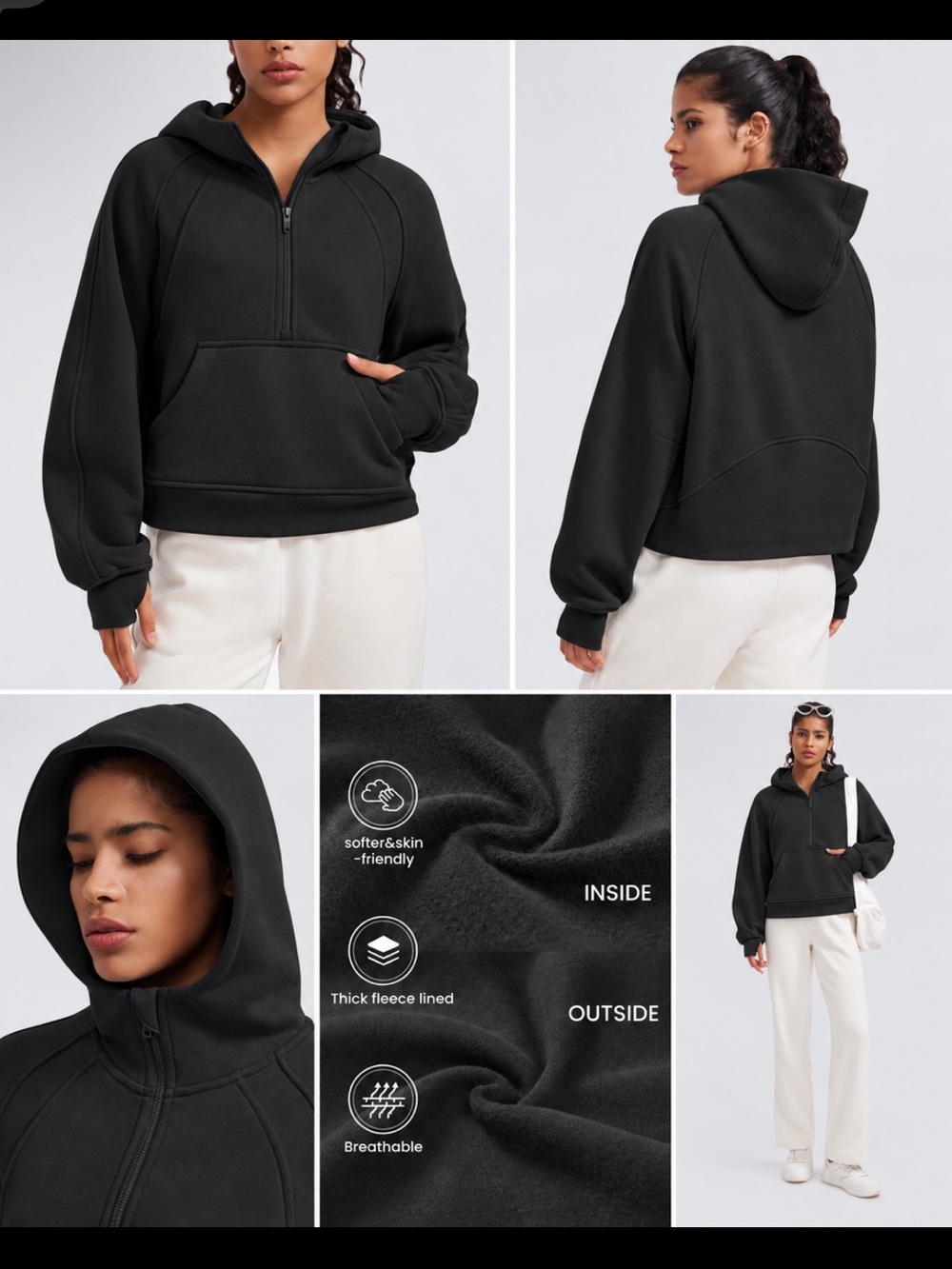 Women's Black Half-Zip Fleece Hoodie